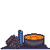 Pixel art animation of a machine producing coins, representing the gameplay of Merge Factory.